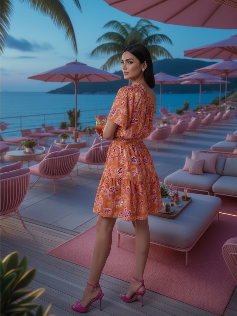 One-Shoulder Orange Floral Mini Dress - Picture 4 of 12